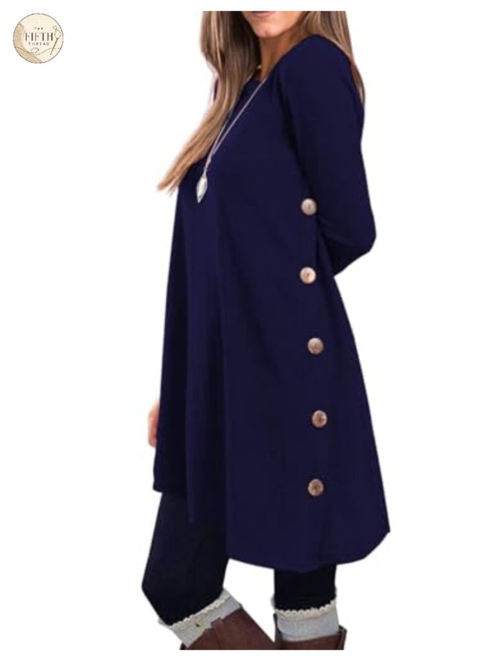 KORSIS Women Long Sleeve Sweater Tunic Dress Button Knit Knee Length